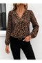 Women's long sleeve v-neck pleated front leopard print supreme blouse - 4