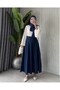 Women's Pleated Design Long Denim Skirt with Seats - 4