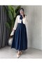 Women's Pleated Design Long Denim Skirt with Seats - 3