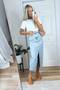 Ice Blue Long Maxi Denim Stretch Fabric Slit Slim Fit Long Height Regular Waist Women's Denim Skirt