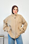 Women's Stand Collar Trench Coat with Back Button Detail and Hidden Zipper, Beige - 4