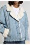 Oversize Fit Buttoned Lined Fur Women's Bleach Indigo Denim Jacket - 5