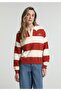 Regular Fit Polo Collar Striped Women's Orange Sweater