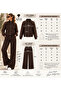Brown Women's Lace Detailed Zippered Tracksuit Set – High Neck Top & Wide Leg Pants Two-Piece Set - 6