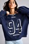 Oversize V-Neck Striped Collar Detailed Printed Sweatshirt I0201Ax26Au - 4