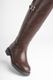 Women's Brown Flat Boots with Flexible Elastic, Round Toe, and Zipper - 9