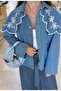 Women's Blue Embroidered Denim Jacket with Cape Detail - 4