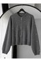 Pearl Detailed Gray Knitwear Zippered Cardigan