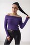 Women's Purple Extra Flexible S-M-L Compatible Madonna Semi-Crop Ribbed Blouse Sweater