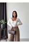 Women's White Square Collar Long Sleeve Blouse with Lace on the Sleeves and Collar in Sandy Fabric - 7
