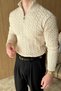 Alba Premium Hair Knit Half Zipper Stand Collar Beige Men's Knitwear Sweater - 6
