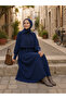 Women's Stylish Shirt Collar Long Skirt Navy Blue Hijab Two-Piece Set - 3