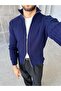 High Collar Double-Way Zipper Ribbed Knit Cardigan m - Dark Blue - 4