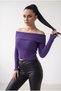 Women's Purple Extra Flexible S-M-L Compatible Madonna Semi-Crop Ribbed Blouse Sweater - 2