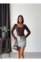 Women's Bitter Brown Square Neck Blouse with Lace Sleeves and Collar in Sandy Fabric Long Sleeve Blouse - 8