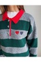 Striped Heart Embroidered Polo Collar Soft Sweater - 2
