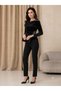 Women's Long Sleeve Open Collar Waist Stone Detailed Draped Velvet Stylish Blouse - 2