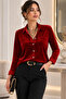 Women's Long Sleeve Collared Front Buttoned Velvet Shirt with Pocket Detail - 2