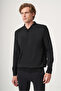 Black Polo Collar Long Sleeve Knitted Comfort Fit Cotton Sweater 1012265159