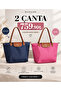 Folding Zippered Large Size Women's Hand and Shoulder Bag Navy Blue + Pink 💐