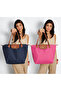 Folding Zippered Large Size Women's Hand and Shoulder Bag Navy Blue + Pink 💐 - 2