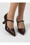 Elegant Belt Detailed Patent Leather Closed Back Brown Heeled Shoes Nk3218 - 2