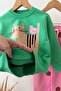 Girl's Green Cat Printed Cotton Sweatshirt and Pink Polka Dot Sweatpants Top and Bottom Set - 4