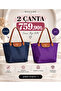 Folding Zippered Large Size Women's Hand and Shoulder Bag Navy Blue + Purple 💐