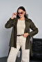 Women's Khaki Suede Look Faux Leather Belted Double-Breasted Buttoned Epaulet Short Trench Coat