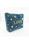 Blue Love Embroidered Velvet Makeup Bag & Organizer 23X15X7 cm - 2