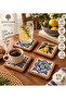 Woodtown 4-Piece Natural Travertine Stone Coasters with Wooden Frame and Uv Printed Tile Pattern Coffee Coaster - 4