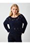 Navy Blue Boat Neck Openwork Detailed Relaxed Fit Knitwear Sweater - 5