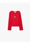 Dog Embroidery Detailed Cotton Camisole Crew Neck Long Sleeve T-Shirt