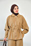 Women's Shirt Collar Waist Drawstring Trouser Suit Camel - 3