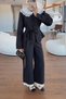Women's Black Lace Detailed Doll Collar Jacket and Pants Belted Suit