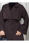 Women's Oversize Button Belt and Slit Detail Pelerine Detail Mid-Length Trench Coat - 4