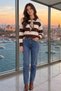 Women's Striped Knitwear Sweater Polo Collar Scarf Detailed Long Sleeve Knit Sweater - 2