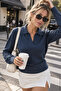 Women's Indigo Polo Collar Long Sleeve Knit Sweater - 4
