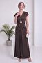 Women's Accessory Slit V-Neck Satin Dress Brown - 5