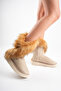 Women's Beige Suede Fur Detailed 5cm Thick Sole Winter Casual Boots