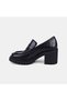 Women's Black Leather Loafer with Thick Heel and Textured Sole - 4