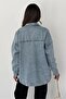 Women's Light Blue Snap Fastener Double Pocket Low Shoulder Oversize Long Sleeve Denim Shirt - 4