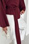 Women's Double Breasted V-Neck Belted Waist Tie Bat Sleeve Loose Long Sleeve Blouse - 6