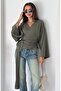 Women's Double Breasted V-Neck Belted Waist Tie Bat Sleeve Loose Long Sleeve Blouse - 7