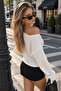 Women's Beige Wrinkled Fabric Cotton Off-Shoulder Blouse - 4