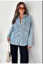 Women's Light Blue Snap Fastener Double Pocket Low Shoulder Oversize Long Sleeve Denim Shirt - 7