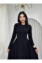 Modal Fabric Long Sleeve Waist Fitted Flared Midi Women's Dress - 5