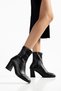 Women's Black Leather Boots with Blunt Toe and Zipper, Stretch Fabric (7cm) Thick Heeled Boots - 2