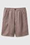 Men's Brown 100% Linen Drawstring Buttoned Bermuda Shorts with Pleat Detail
