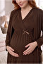 Brown Lace Detailed Long Sleeve 3-Piece Maternity Pajama Set with Dressing Gown Viscose - 3